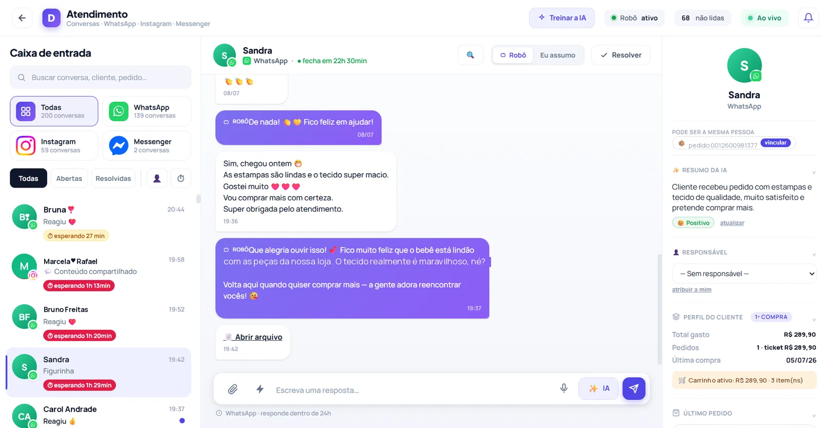 Inbox do Diwalli Atendimento: conversas com responsável e contexto